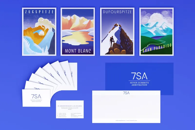 Mockup der Kommunikationsmaterialien von Seven Summits Arbitration